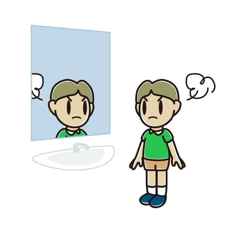 鏡を見て怒る小学生男子のイラスト【色あり、背景なし】透過PNG