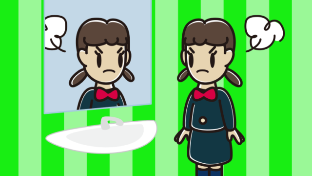鏡を見て怒る女子中学生のイラスト【色、背景あり】PNG