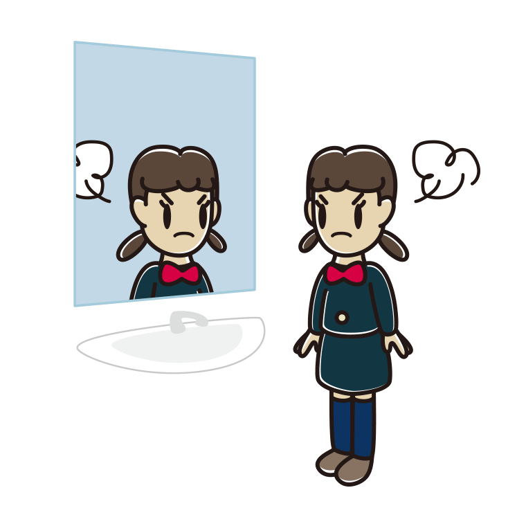 鏡を見て怒る女子中学生のイラスト【色あり、背景なし】透過PNG