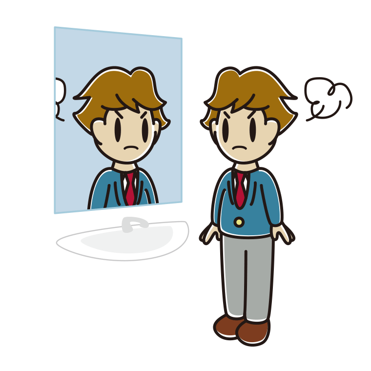 鏡を見て怒る男子高校生のイラスト【色あり、背景なし】透過PNG