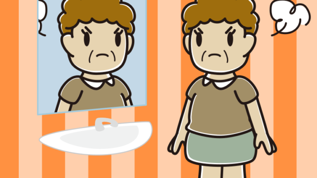 鏡を見て怒るおばさんのイラスト【色、背景あり】PNG