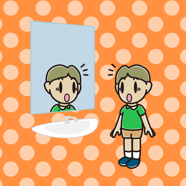 鏡を見て驚く小学生男子のイラスト【色、背景あり】PNG