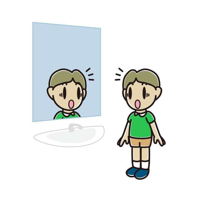 鏡を見て驚く小学生男子のイラスト【色あり、背景なし】透過PNG