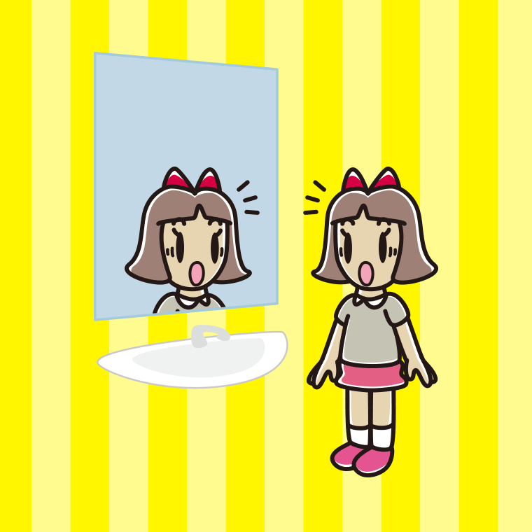 鏡を見て驚く小学生女子のイラスト【色、背景あり】PNG