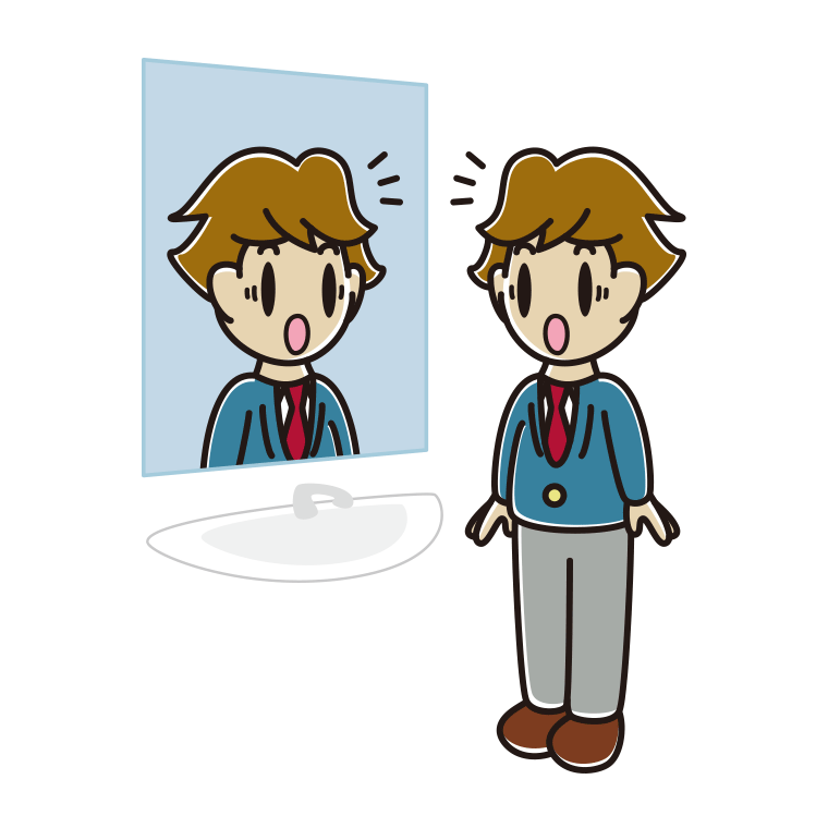 鏡を見て驚く男子高校生のイラスト【色あり、背景なし】透過PNG