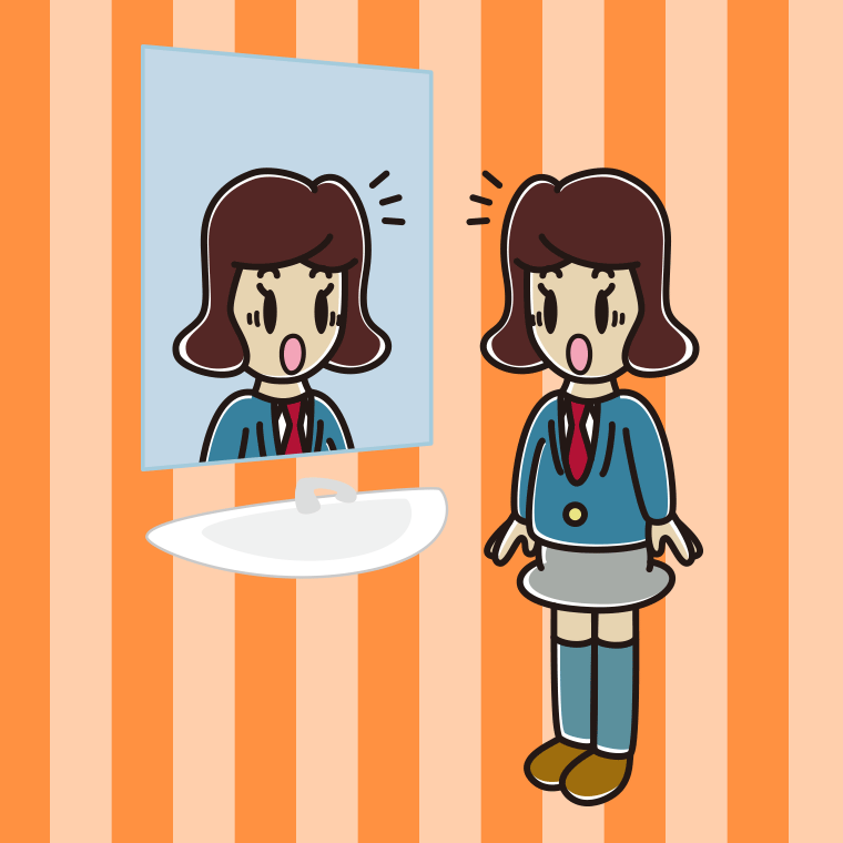 鏡を見て驚く女子高校生のイラスト【色、背景あり】PNG