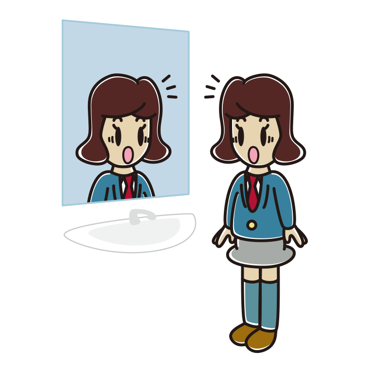 鏡を見て驚く女子高校生のイラスト【色あり、背景なし】透過PNG
