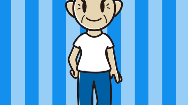 ジーンズに白いTシャツのおばあさんのイラスト【色、背景あり】PNG