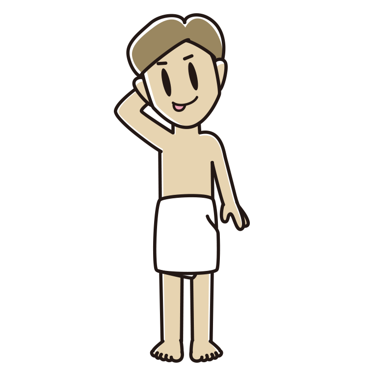 テヘヘなバスタオル姿の男性のイラスト【色あり、背景なし】透過PNG