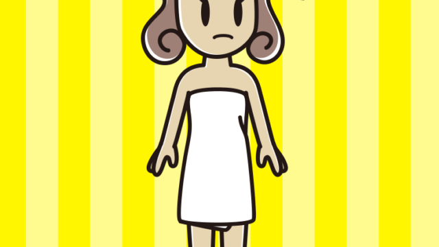 何かに気付くバスタオル姿の女子大学生のイラスト【色、背景あり】PNG