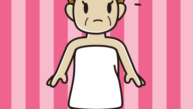 何かに気付くバスタオル姿のおばさんのイラスト【色、背景あり】PNG