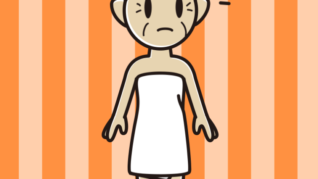 何かに気付くバスタオル姿のおばあさんのイラスト【色、背景あり】PNG