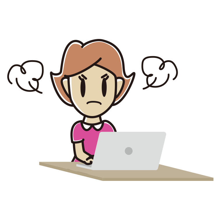 パソコン使用中に怒る女性のイラスト【色あり、背景なし】透過PNG
