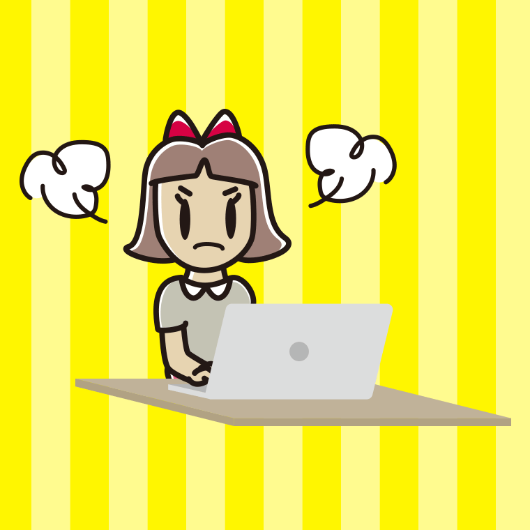 パソコン使用中に怒る小学生女子のイラスト【色、背景あり】PNG