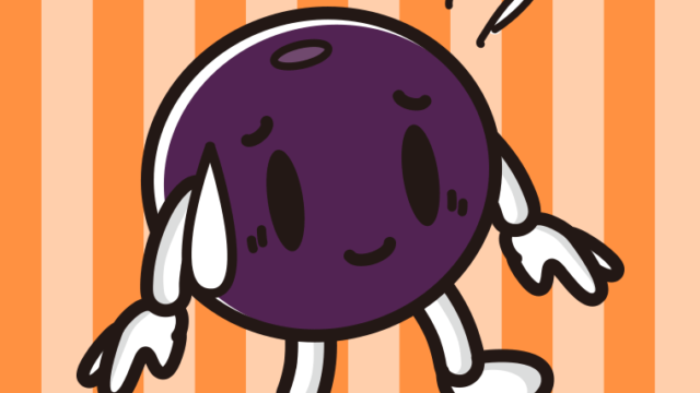 苦笑いするアサイーちゃんのイラスト【色、背景あり】PNG