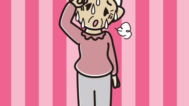 汗をかくおばあさんのイラスト【色、背景あり】PNG