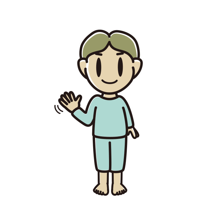 手を振る部屋着の小学生男子のイラスト【色あり、背景なし】透過PNG
