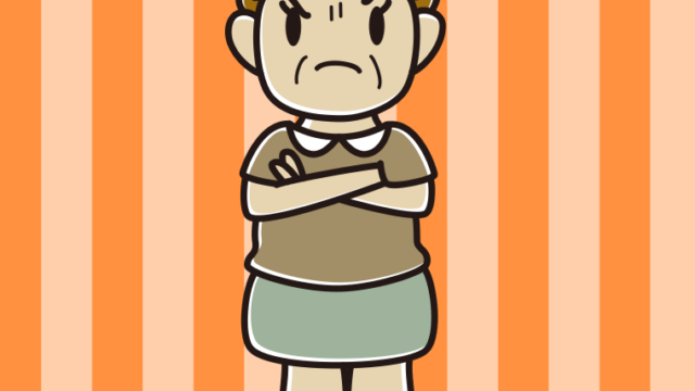腕組みして睨むおばさんのイラスト【色、背景あり】PNG