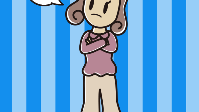 腕組みして考える女子大学生のイラスト【色、背景あり】PNG