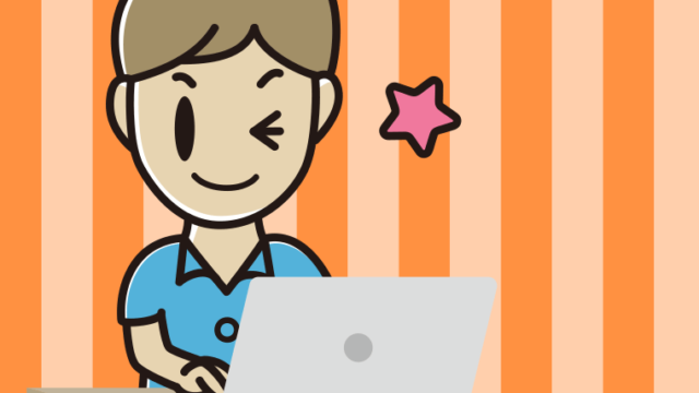 パソコンにウインクする男性会社員（クールビズ）のイラスト【色、背景あり】PNG