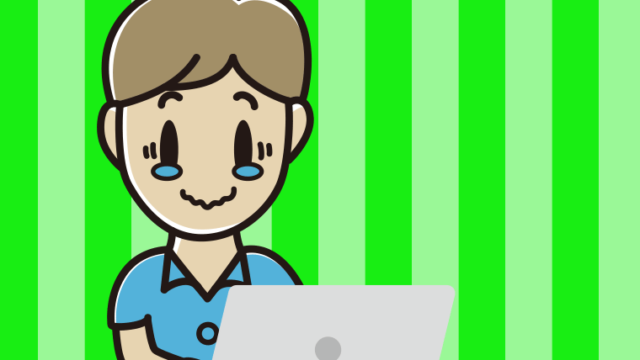 パソコン使用中にジーンとする男性会社員（クールビズ）のイラスト【色、背景あり】PNG