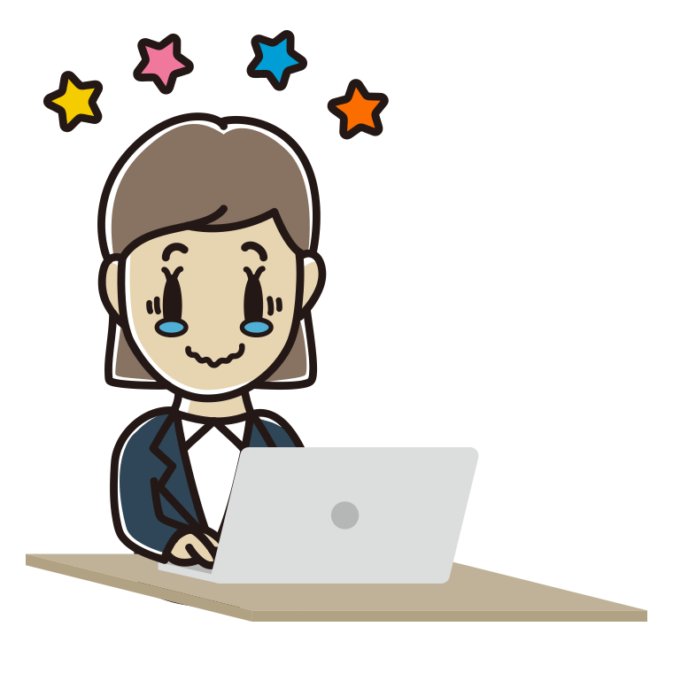 パソコン使用中にジーンとする女性会社員のイラスト【色あり、背景なし】透過PNG