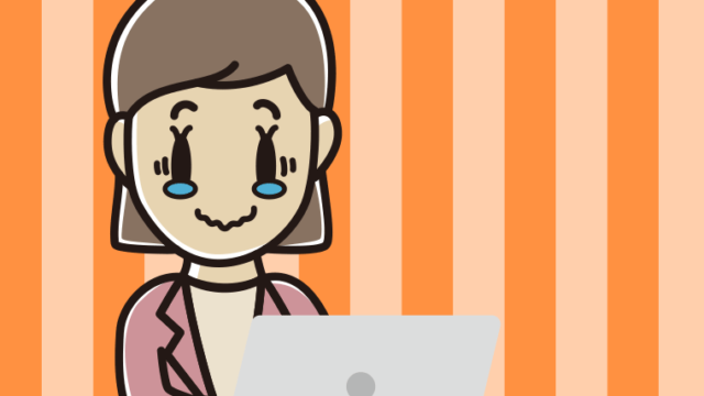 パソコン使用中にジーンとする女性会社員（カジュアル）のイラスト【色、背景あり】PNG