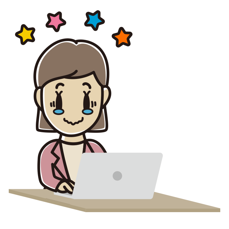 パソコン使用中にジーンとする女性会社員（カジュアル）のイラスト【色あり、背景なし】透過PNG