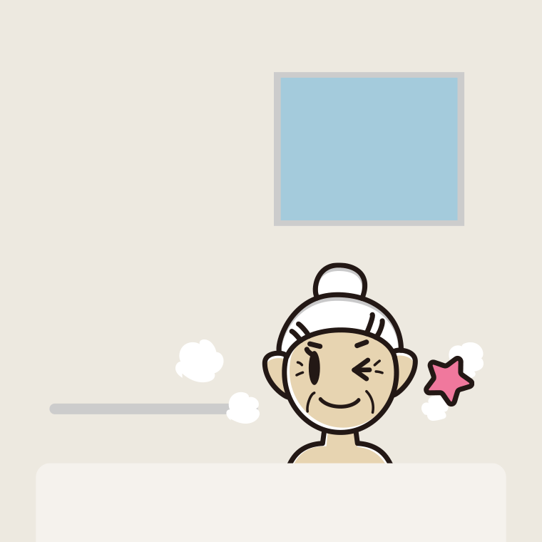 お風呂でウインクするおばあさんのイラスト【色、背景あり】PNG