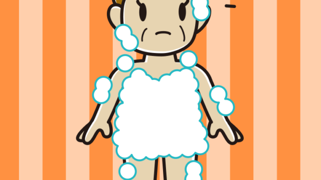 何かに気付く泡だらけのおばさんのイラスト【色、背景あり】PNG