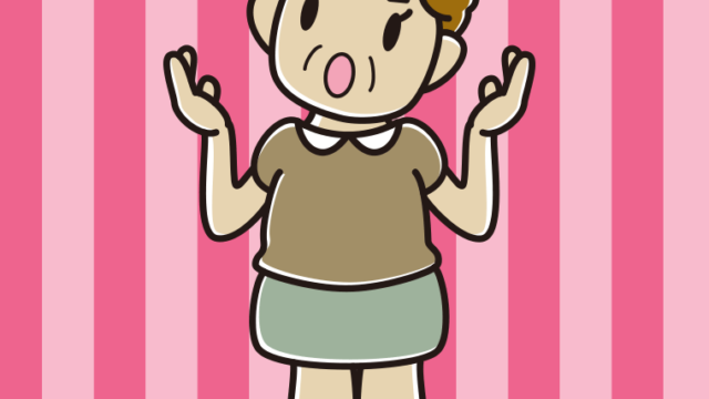 考えながら話すおばさんのイラスト【色、背景あり】PNG