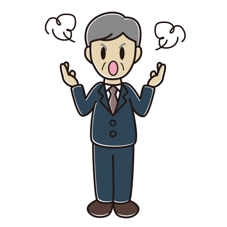 怒りながら話す年配男性会社員のイラスト【色あり、背景なし】透過PNG