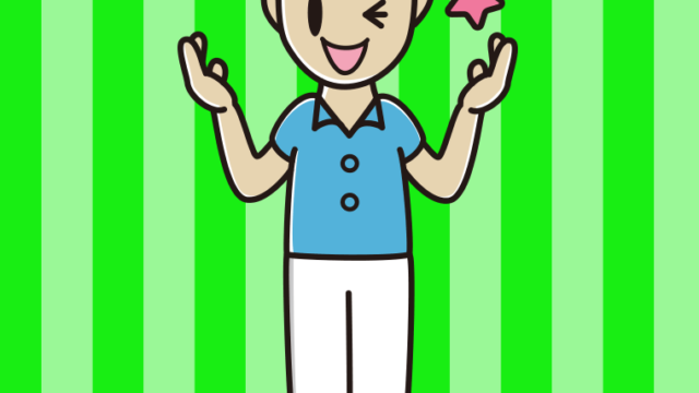 ウインクしながら話す男性会社員（クールビズ）のイラスト【色、背景あり】PNG