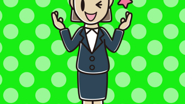 ウインクしながら話す女性会社員のイラスト【色、背景あり】PNG