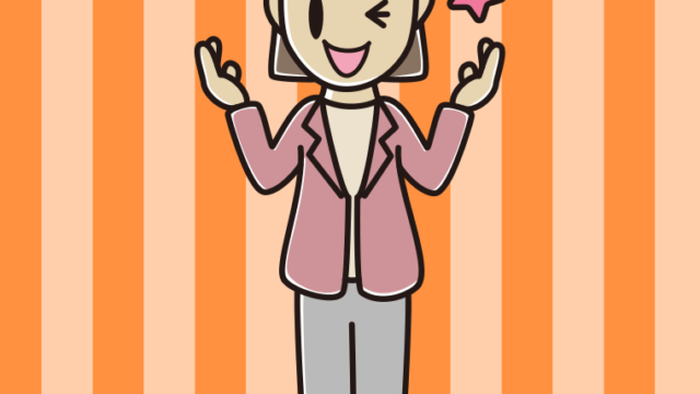 ウインクしながら話す女性会社員（カジュアル）のイラスト【色、背景あり】PNG