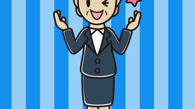 ウインクしながら話す年配女性会社員のイラスト【色、背景あり】PNG