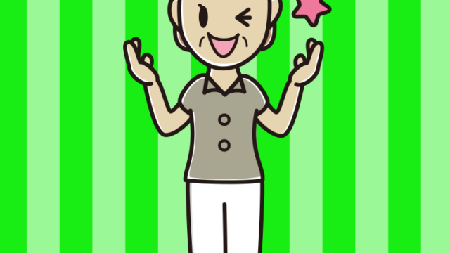 ウインクしながら話す年配女性会社員（クールビズ）のイラスト【色、背景あり】PNG