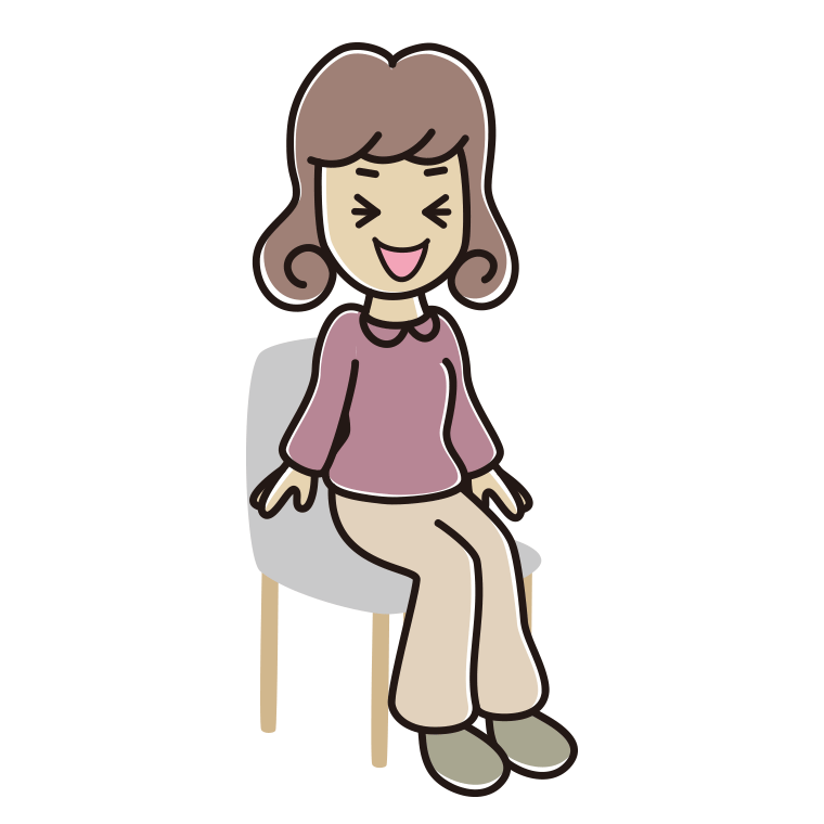 椅子で笑う女子大学生のイラスト【色あり、背景なし】透過PNG