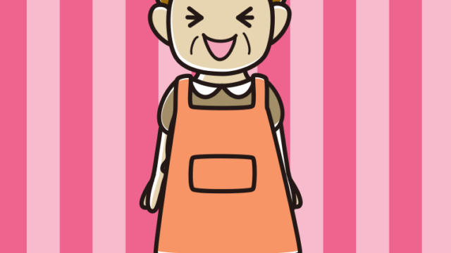 笑うエプロン姿のおばさんのイラスト【色、背景あり】PNG