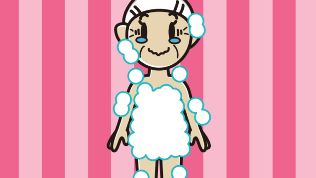 ジーンとする泡だらけのおばあさんのイラスト【色、背景あり】PNG