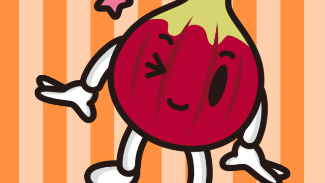 ウインクするいちじくちゃんのイラスト【色、背景あり】PNG