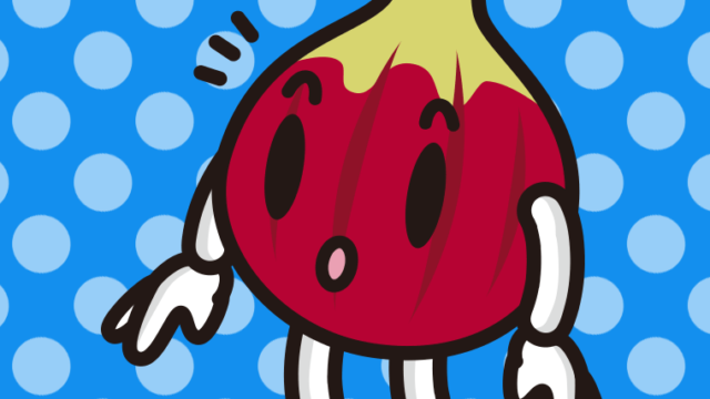 何かに気付くいちじくちゃんのイラスト【色、背景あり】PNG