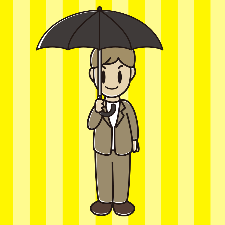 傘をさす男性会社員（カジュアル）のイラスト【色、背景あり】PNG