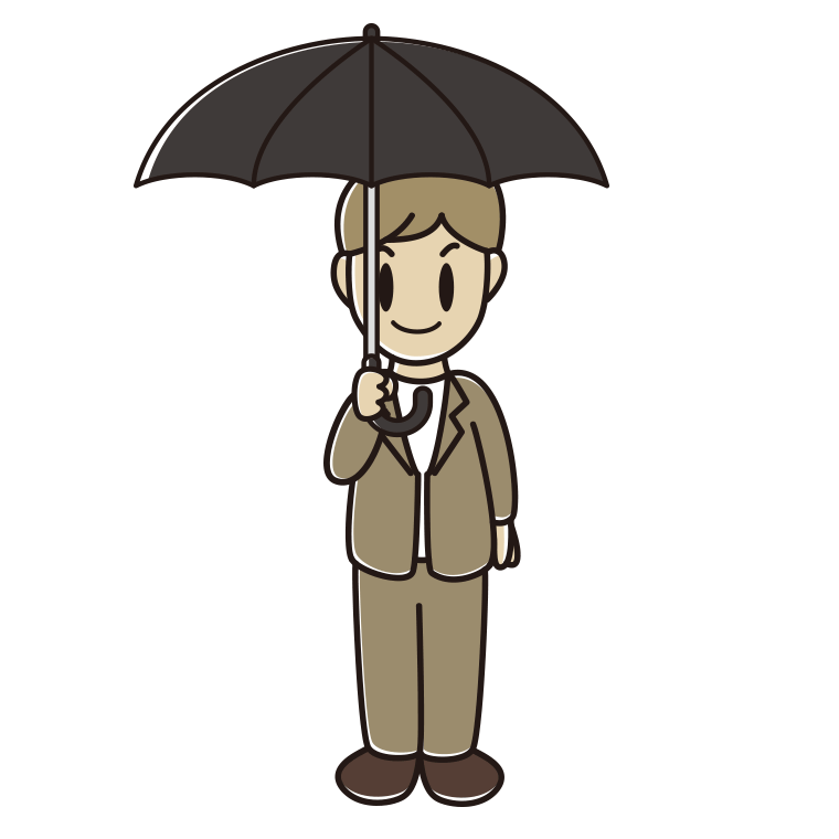 傘をさす男性会社員（カジュアル）のイラスト【色あり、背景なし】透過PNG