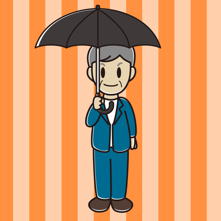 傘をさす年配男性会社員（カジュアル）のイラスト【色、背景あり】PNG