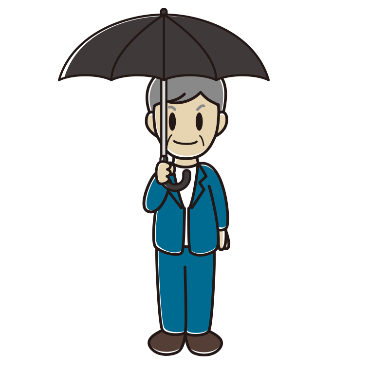 傘をさす年配男性会社員（カジュアル）のイラスト【色あり、背景なし】透過PNG