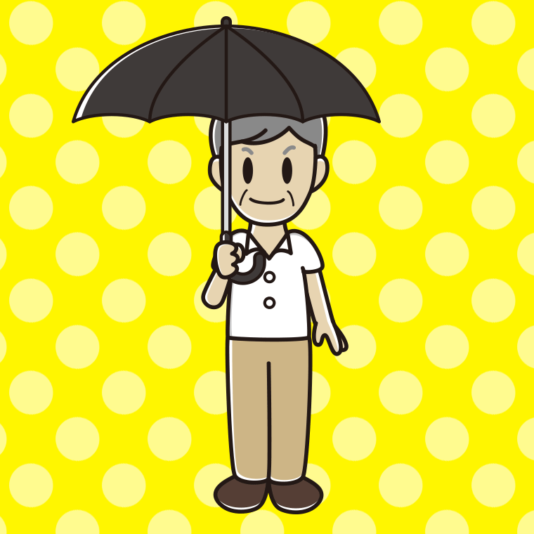 傘をさす年配男性会社員（クールビズ）のイラスト【色、背景あり】PNG