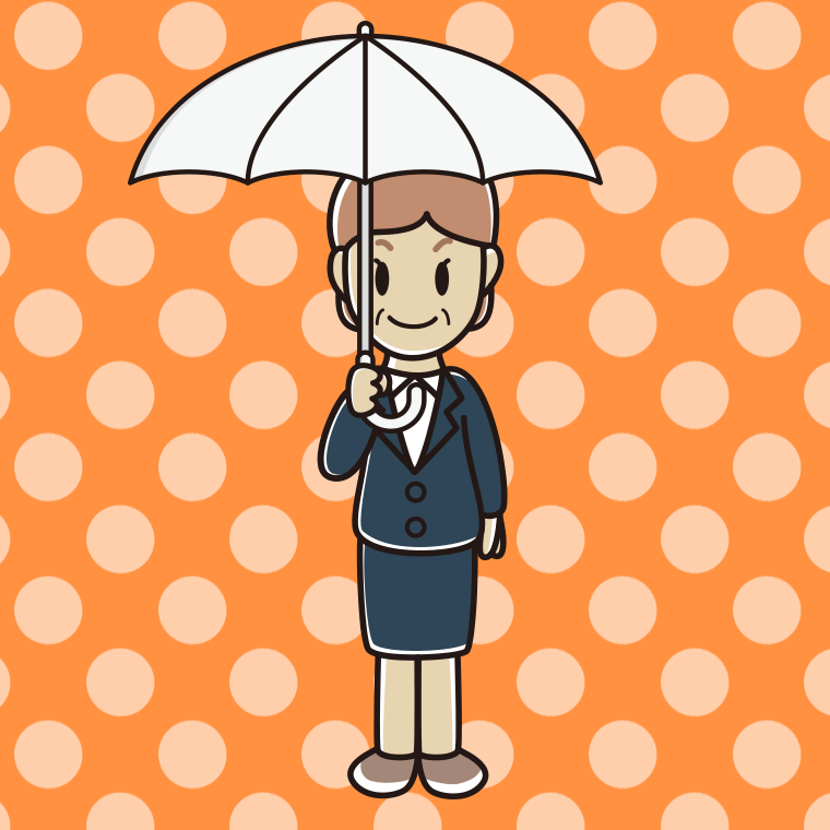 傘をさす年配女性会社員のイラスト【色、背景あり】PNG