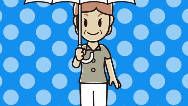 傘をさす年配女性会社員（クールビズ）のイラスト【色、背景あり】PNG