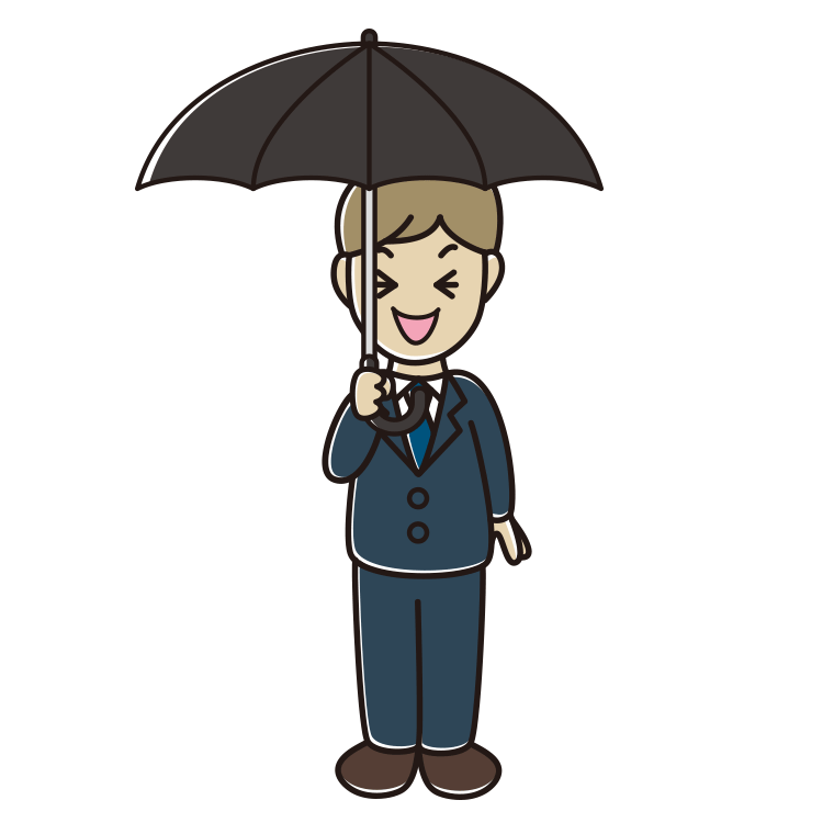 傘をさして笑う男性会社員のイラスト【色あり、背景なし】透過PNG